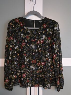 Madewell Black Blouse with Red and Blue Floral Print